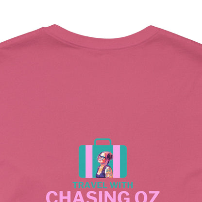 Logo on the BACK Travel with Chasing Oz - Unisex Jersey Tee