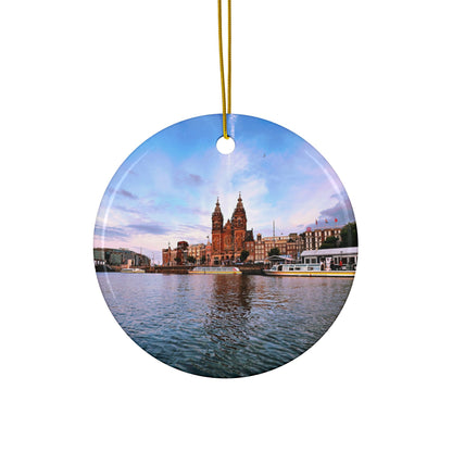 Amsterdam Central Station at Sunset by Chasing Oz - Double-sided Ceramic Ornaments