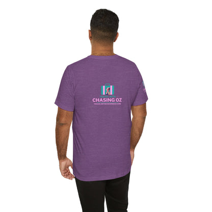 Logo on the BACK Travel with Chasing Oz - Unisex Jersey Tee