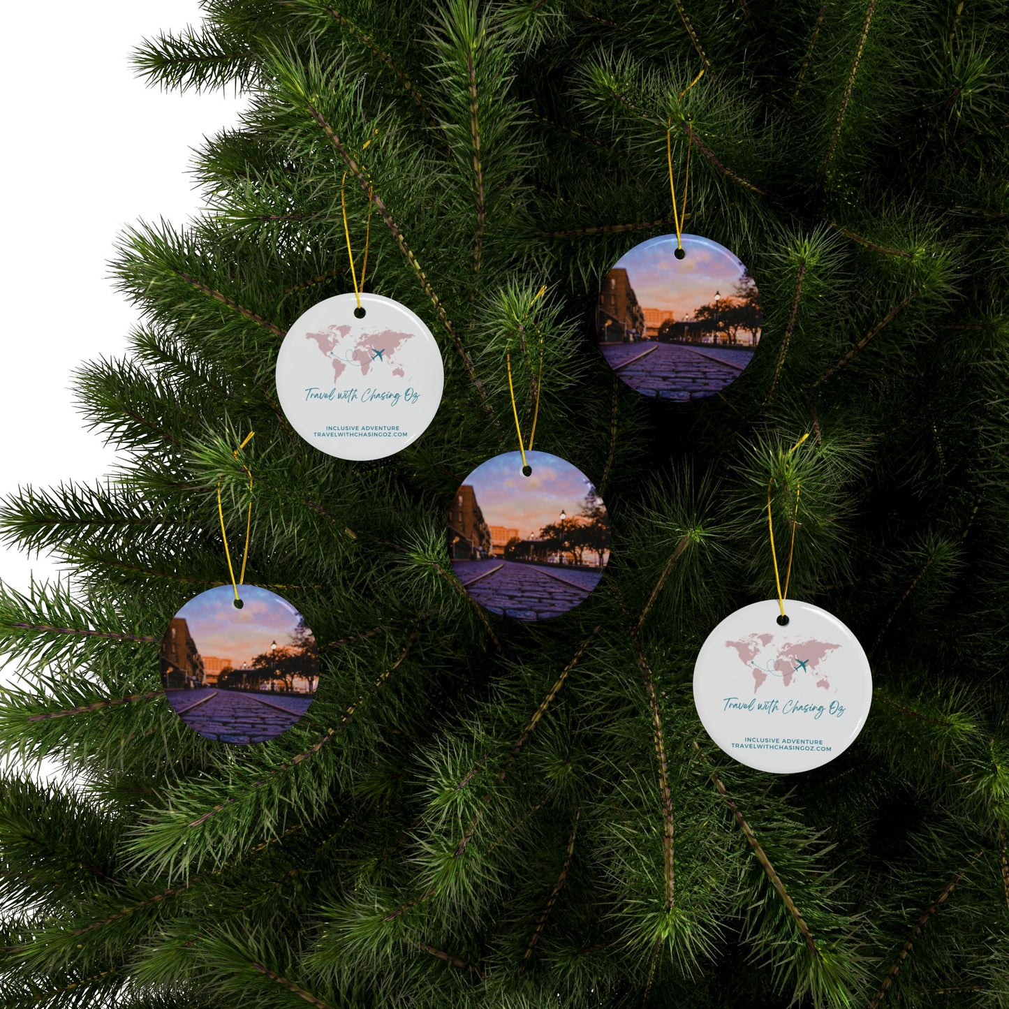 River Street Sunrise by Chasing Oz - Double-sided Ceramic Ornaments