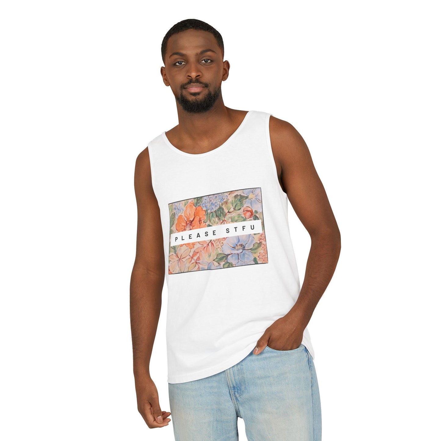 Please STFU Unisex Garment-Dyed Tank Top