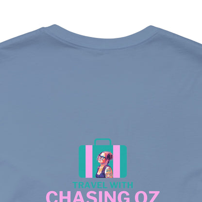 Logo on the BACK Travel with Chasing Oz - Unisex Jersey Tee