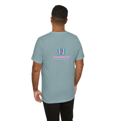 Logo on the BACK Travel with Chasing Oz - Unisex Jersey Tee