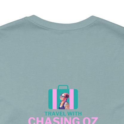 Logo on the BACK Travel with Chasing Oz - Unisex Jersey Tee