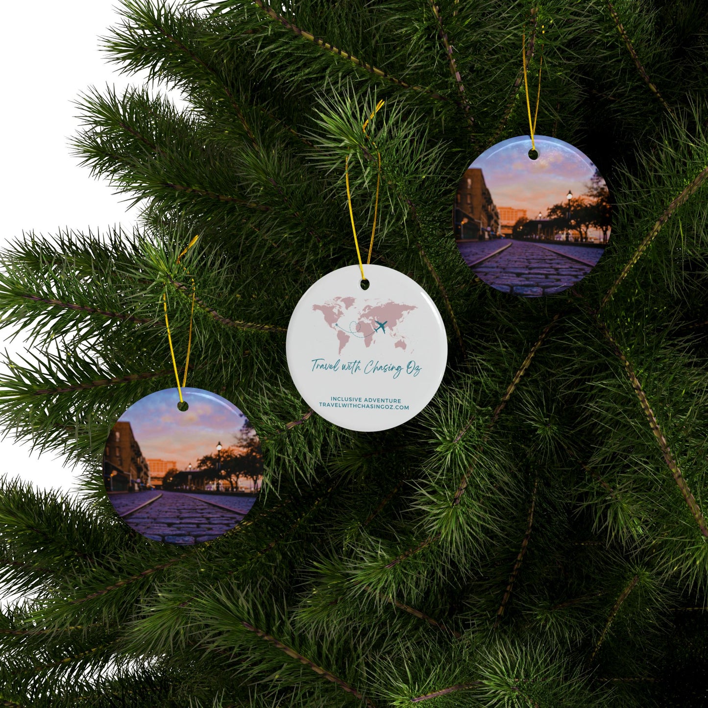 River Street Sunrise by Chasing Oz - Double-sided Ceramic Ornaments