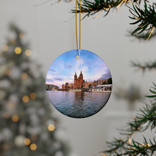 Amsterdam Central Station at Sunset by Chasing Oz - Double-sided Ceramic Ornaments